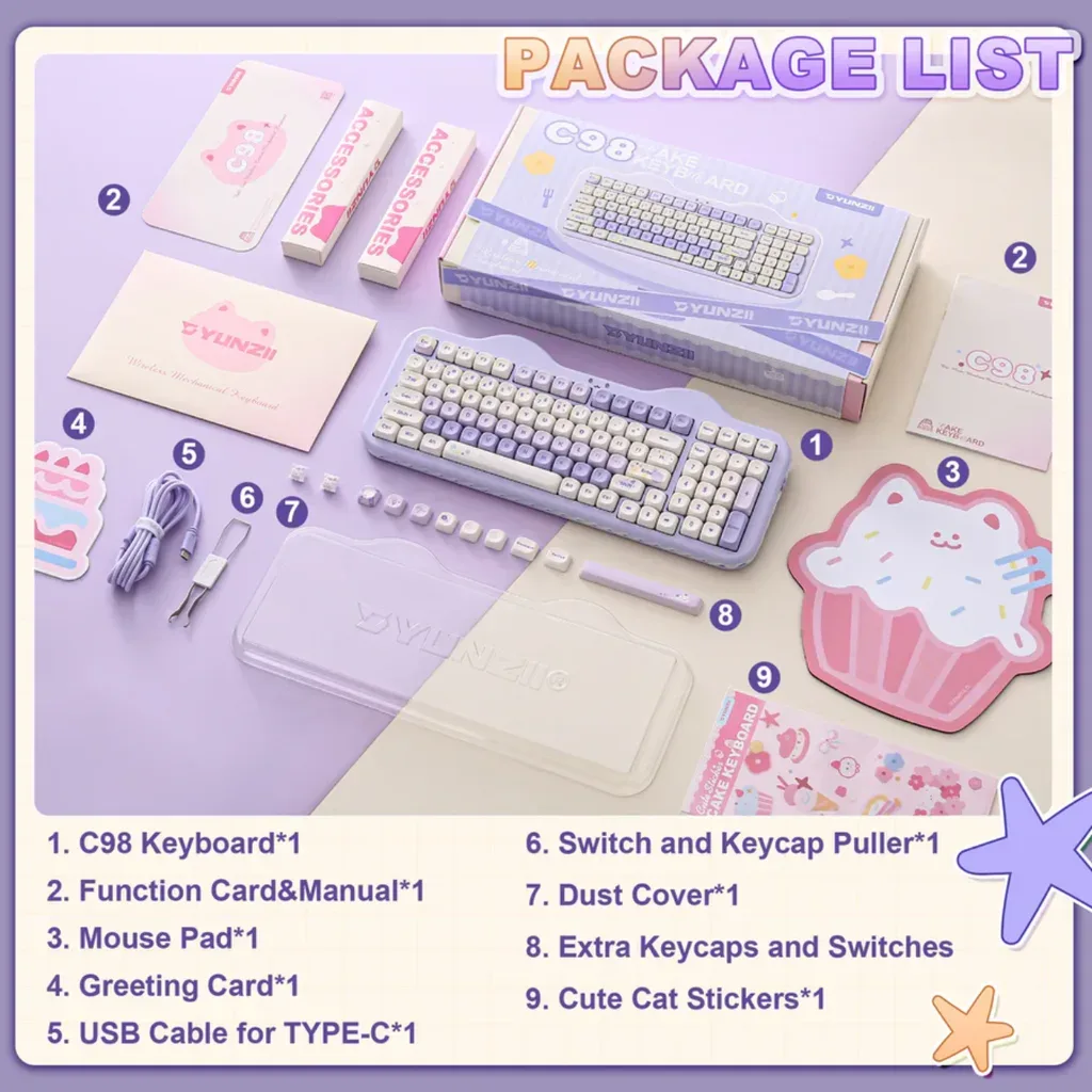 The Yunzii C98 mechanical keyboard is super cute and quiet - a special gift for girls. The Yunzii C98 mechanical keyboard is super cute and quiet - a special gift for girls.