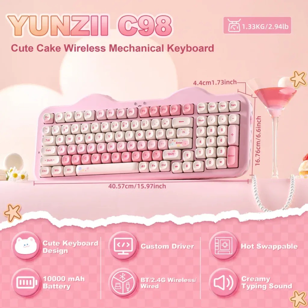 The Yunzii C98 mechanical keyboard is super cute and quiet - a special gift for girls. The Yunzii C98 mechanical keyboard is super cute and quiet - a special gift for girls.